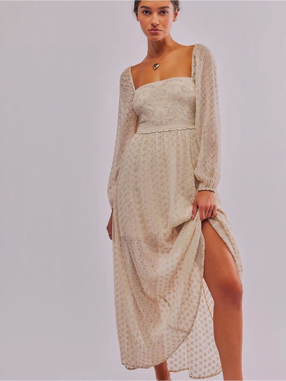 Free People Cream Eyelet Malia Square-Neck Maxi Dress